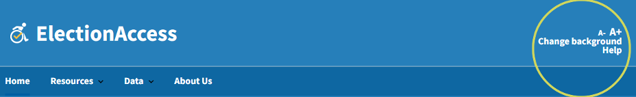 The Election Access website banner; in the upper right corner the text size (A- and A+) and change background options are circled.