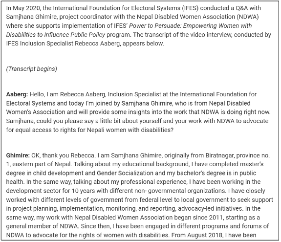 A portion of a transcript published with an IFES Q&A YouTube video. The transcript includes the description of the video and the word for word text of the Q&A.