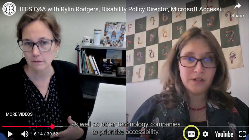 A screenshot from an IFES Q&A YouTube video. The “CC” button on the bottom right-hand side of the video is circled with a yellow circle.